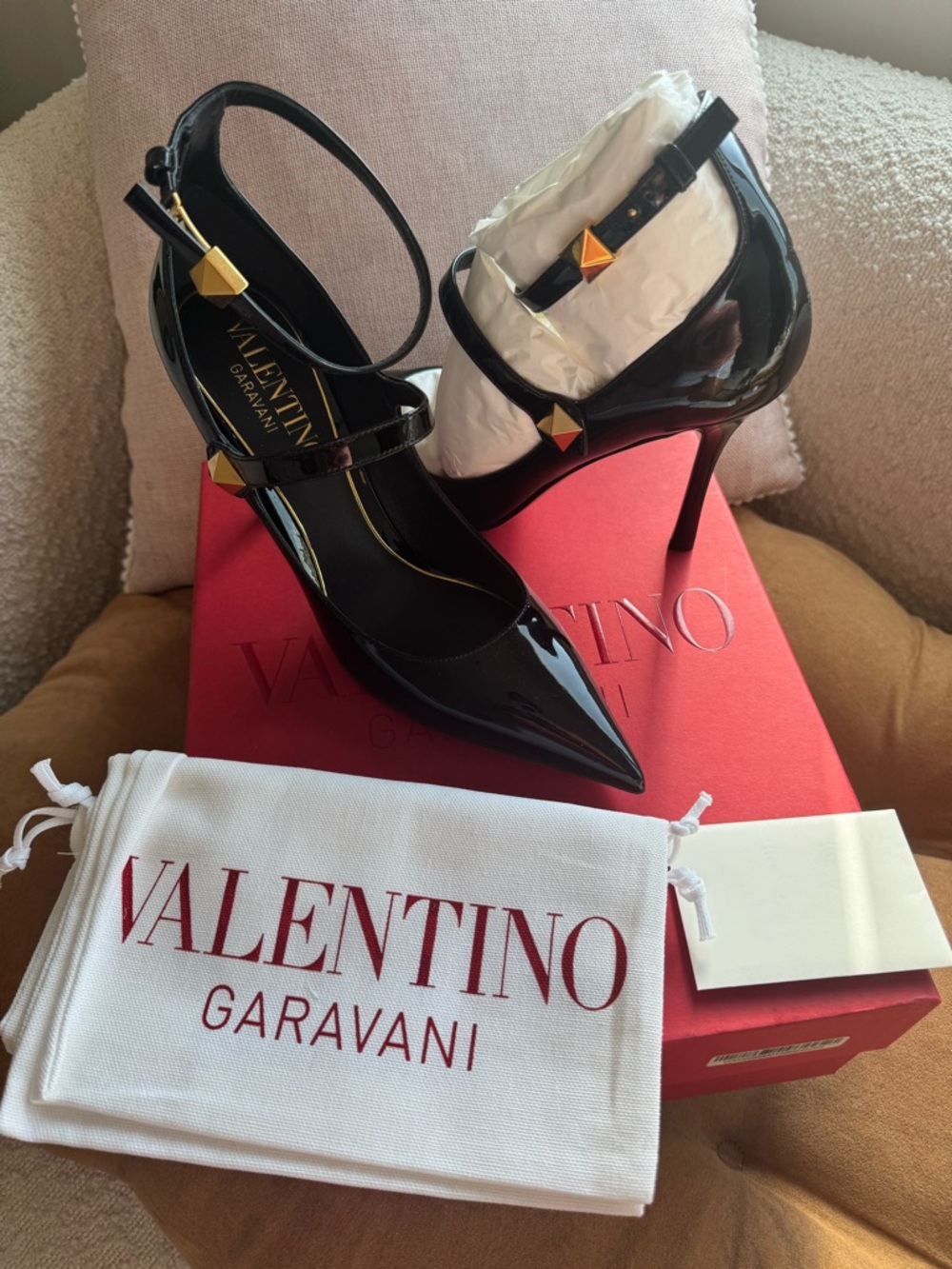 Valentino Garavani Black Patent Leather Rockstud Slingback Pump with Gold Studs